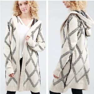 POL Cream and Black Diamond Patterned Chenille Cardigan